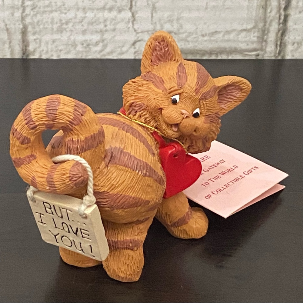 Vintage BUT I LOVE YOU Sign Orange Striped Cat Figurine